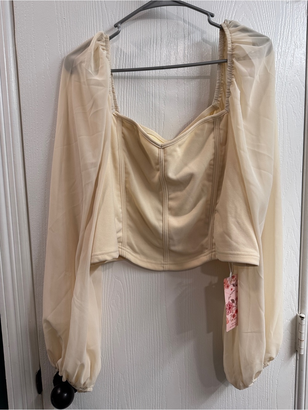 Sheer Sleeve Corset Crop Top in Cream